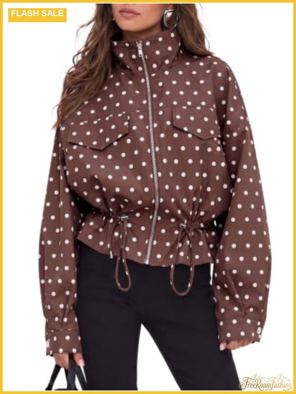 Polka Dot Zip Up Casual Jacket Retro Oversized Lightweight Women's Coat